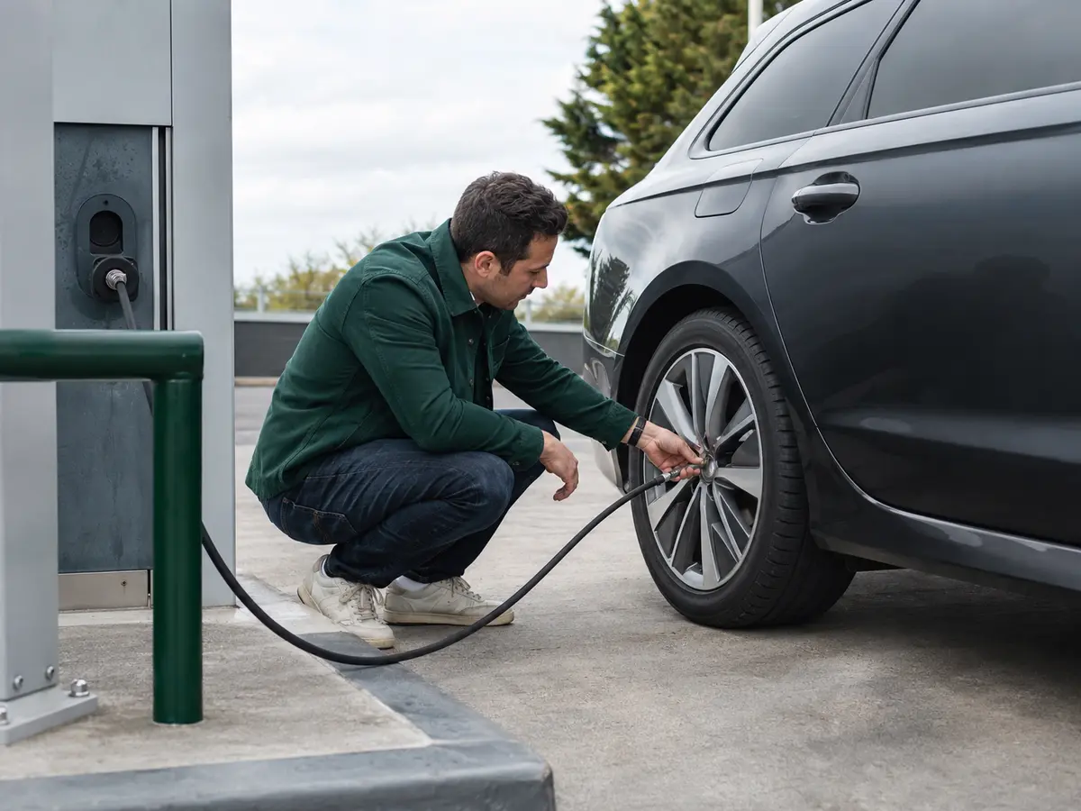 Air line being used to inflate a car tyre