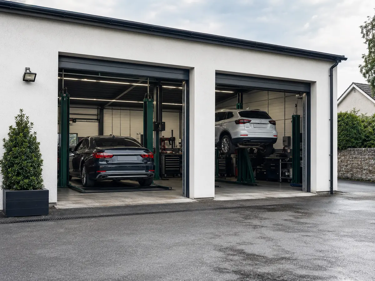 Mechanic working on a car raised on a garage ramp