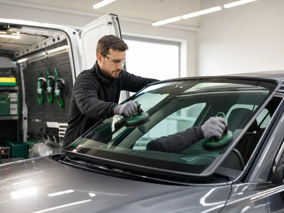 Technician fitting a replacement vehicle windscreen