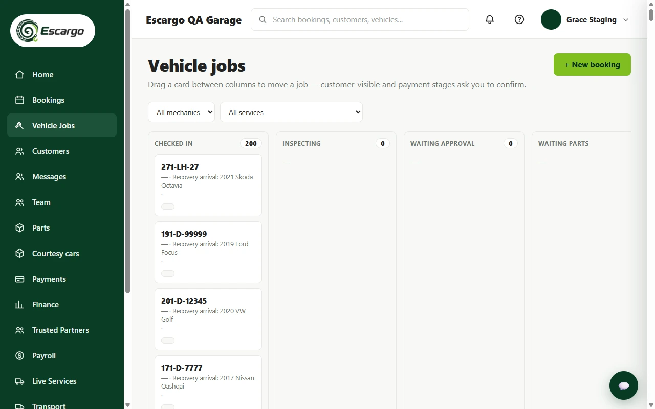 Real Escargo jobs board showing vehicle work through its operating stages.