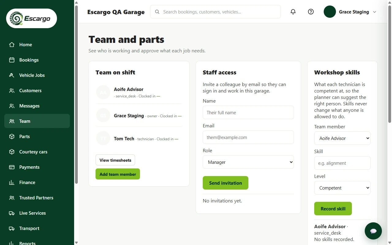 A real Escargo team view: who is on shift, staff access invitations and recorded workshop skills per technician.