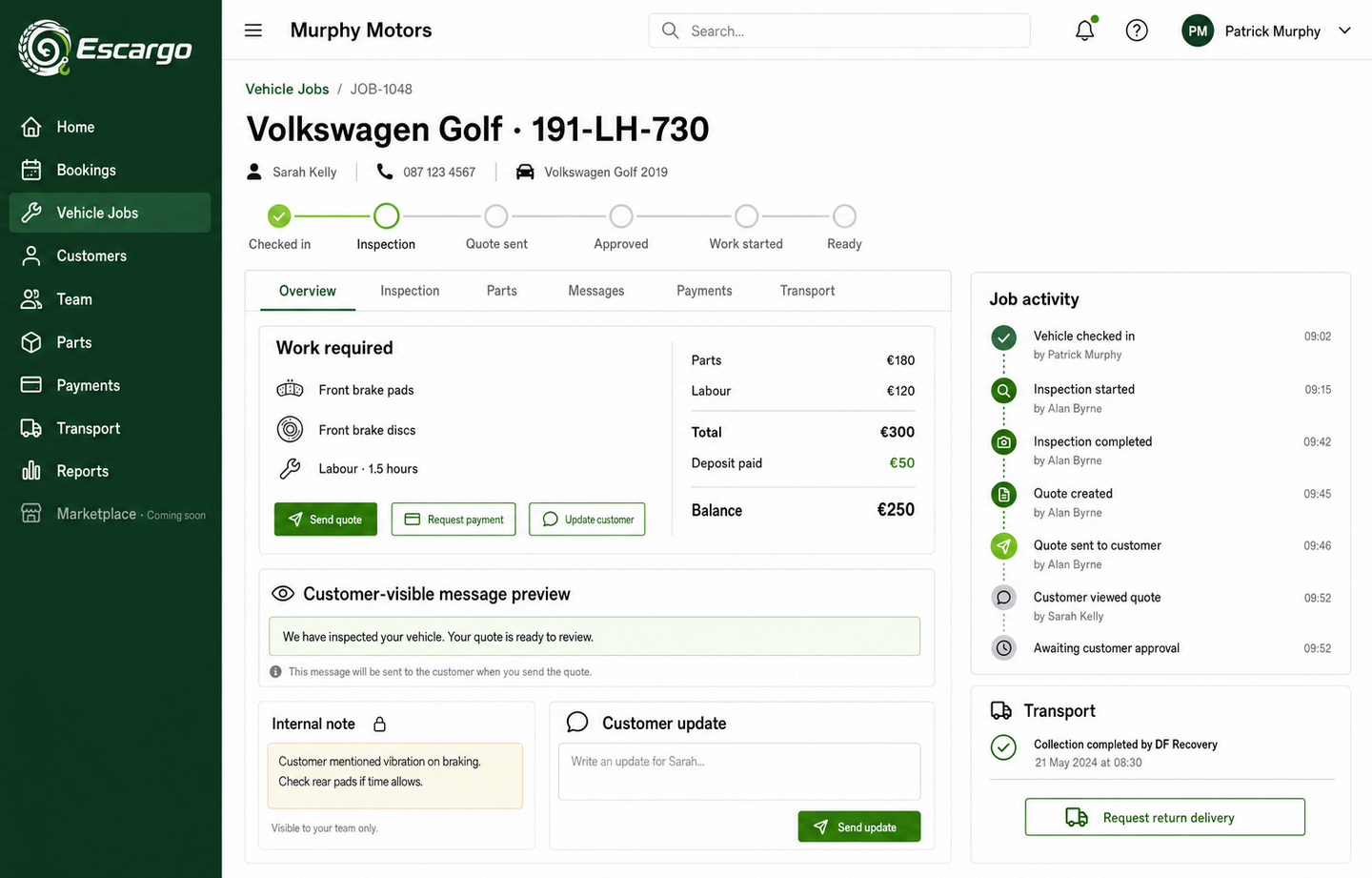 Escargo vehicle job page showing inspection, quote, customer updates and transport status.