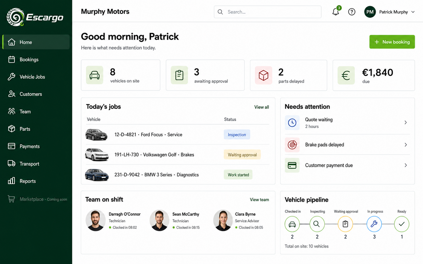 Escargo garage owner dashboard showing jobs, payments, staff and vehicles.