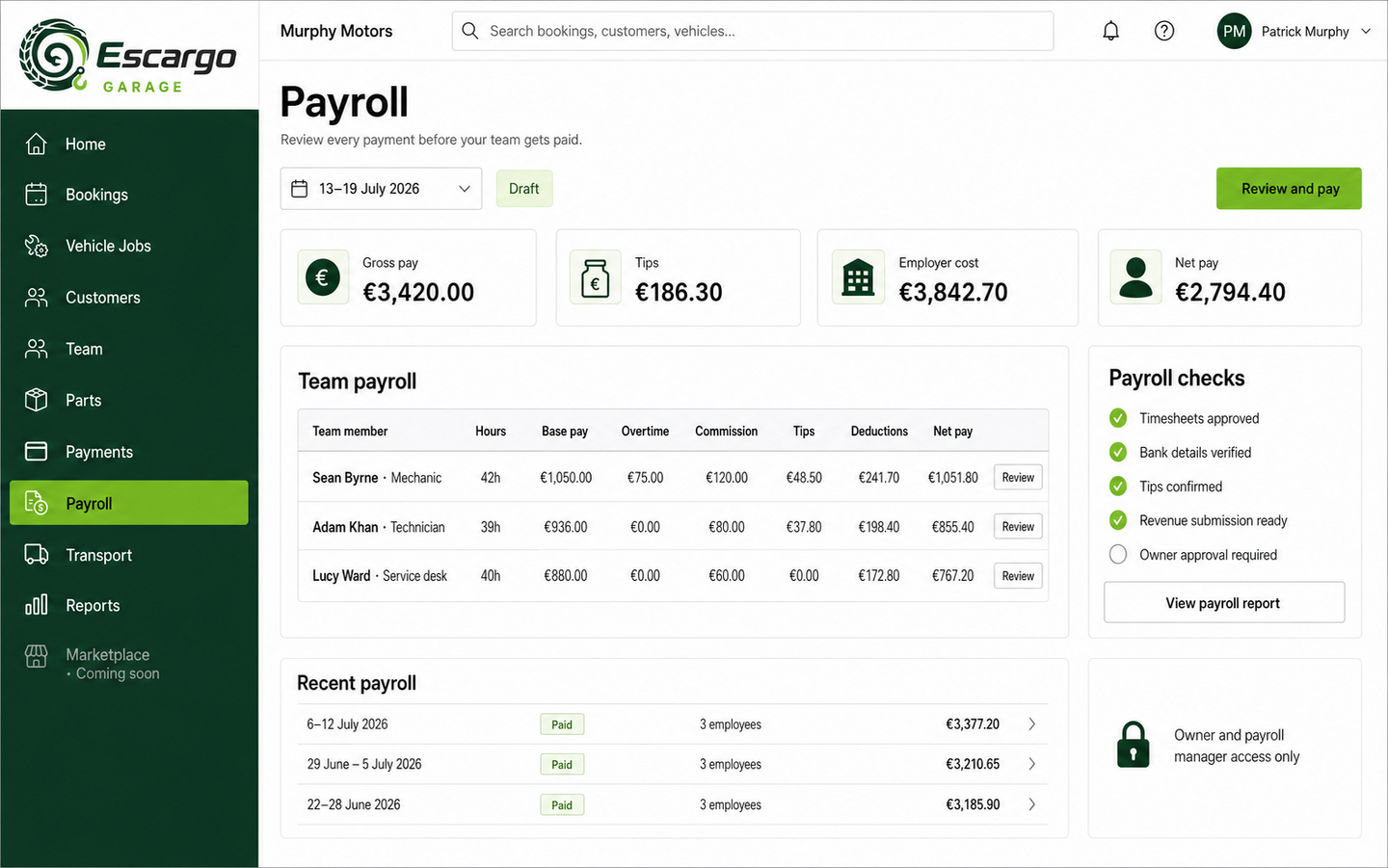 Escargo payroll page showing staff hours, earnings, deductions and owner approval.