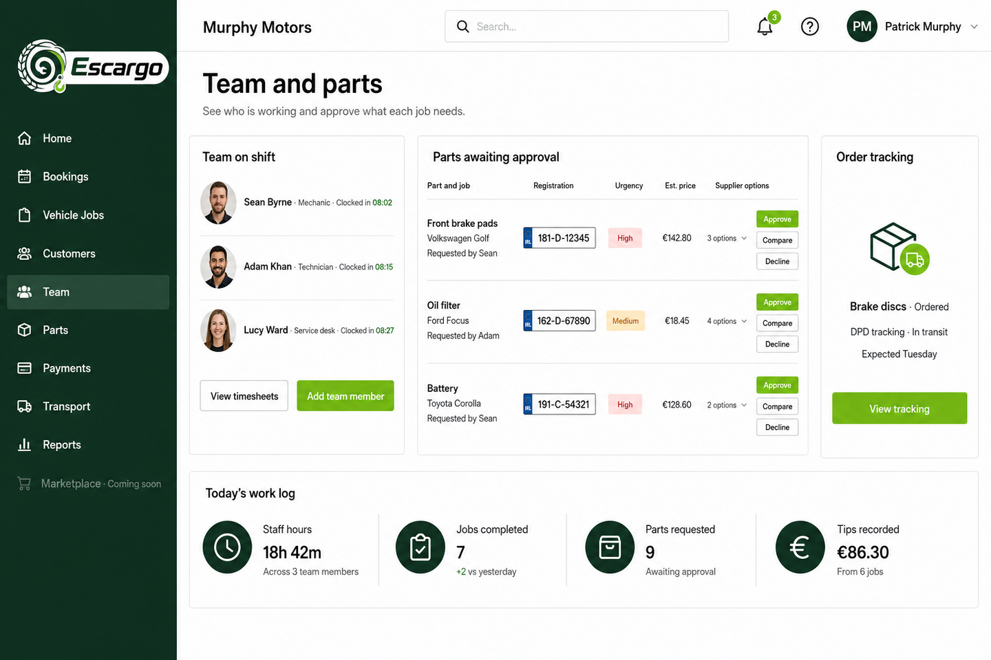 Escargo team and parts page showing staff clock-ins, part approvals and order tracking.