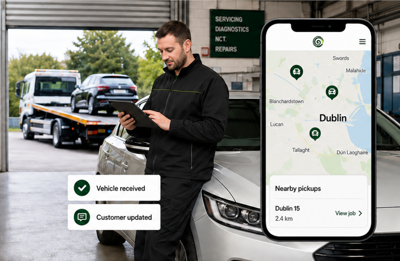 Escargo connects garage management, customer updates and vehicle transport in one platform.