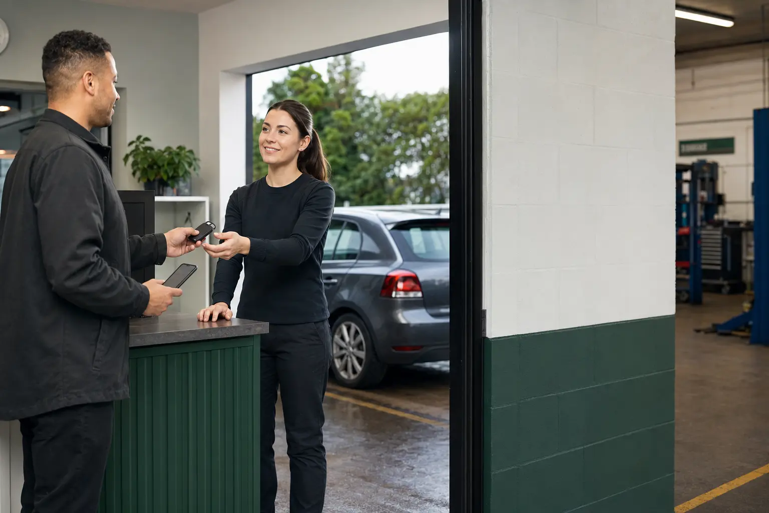 A customer handing their keys to a garage service adviser after booking.