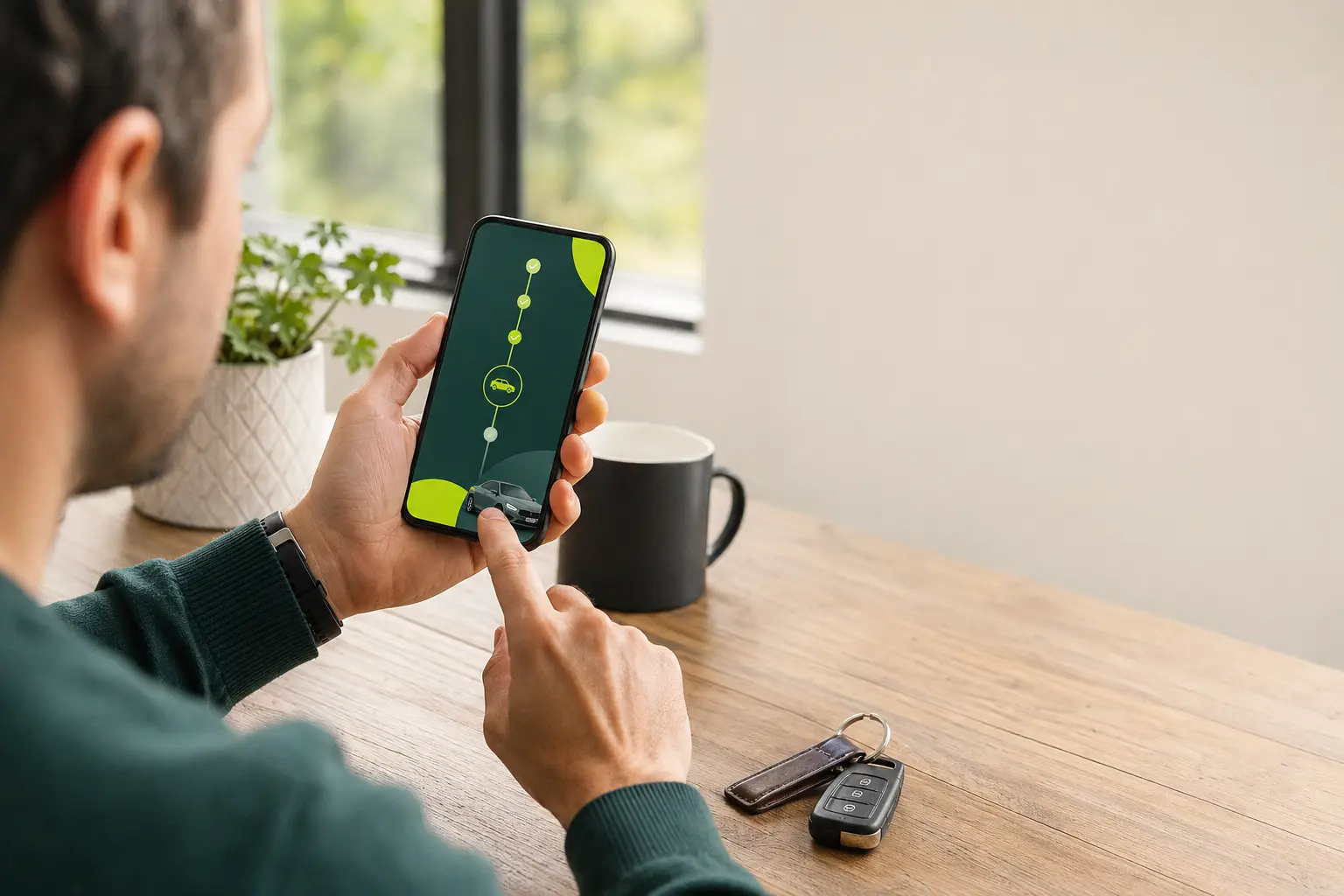 A garage customer checking their vehicle progress on a smartphone.