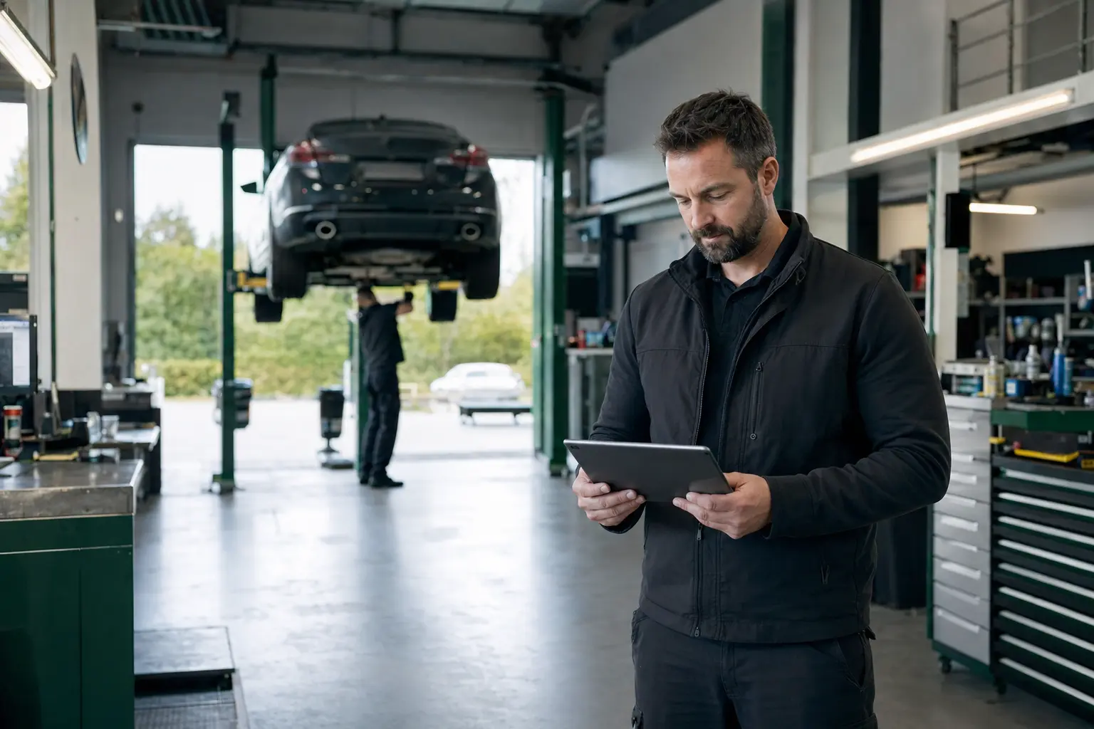 An independent garage owner reviewing vehicle jobs on a tablet.