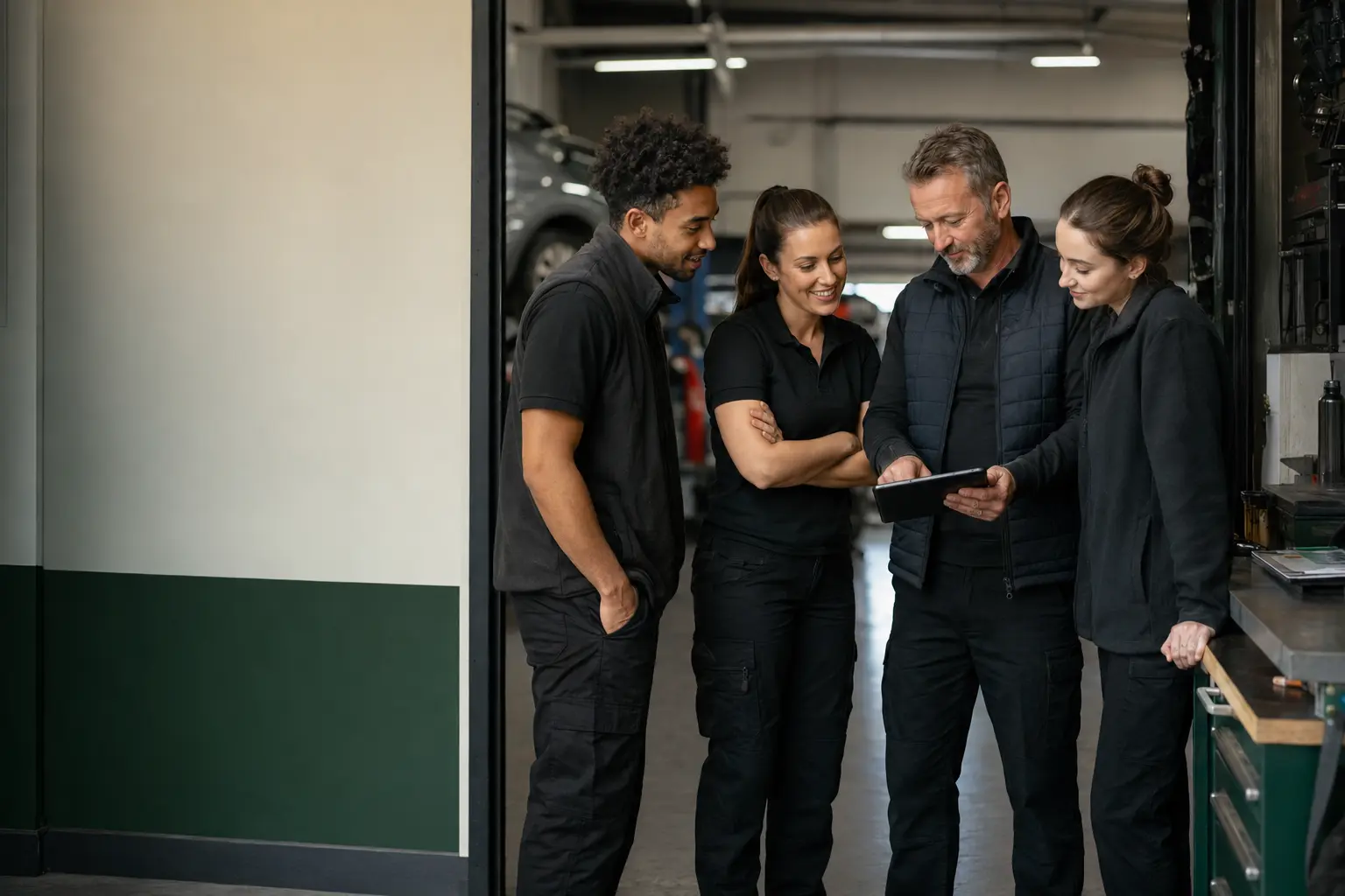 A small independent garage team reviewing completed work together.