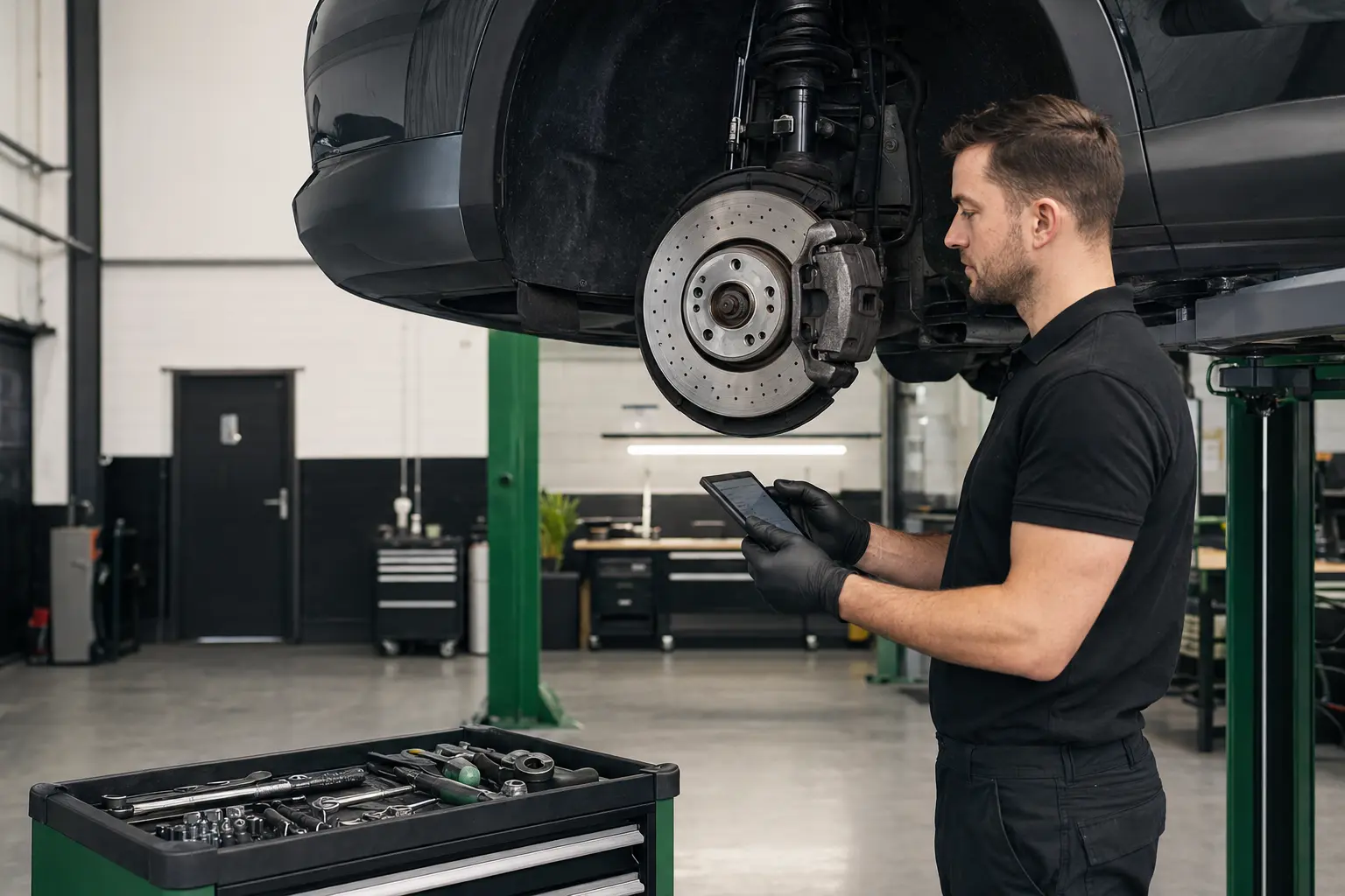A mechanic inspecting a brake assembly and recording findings on a tablet.