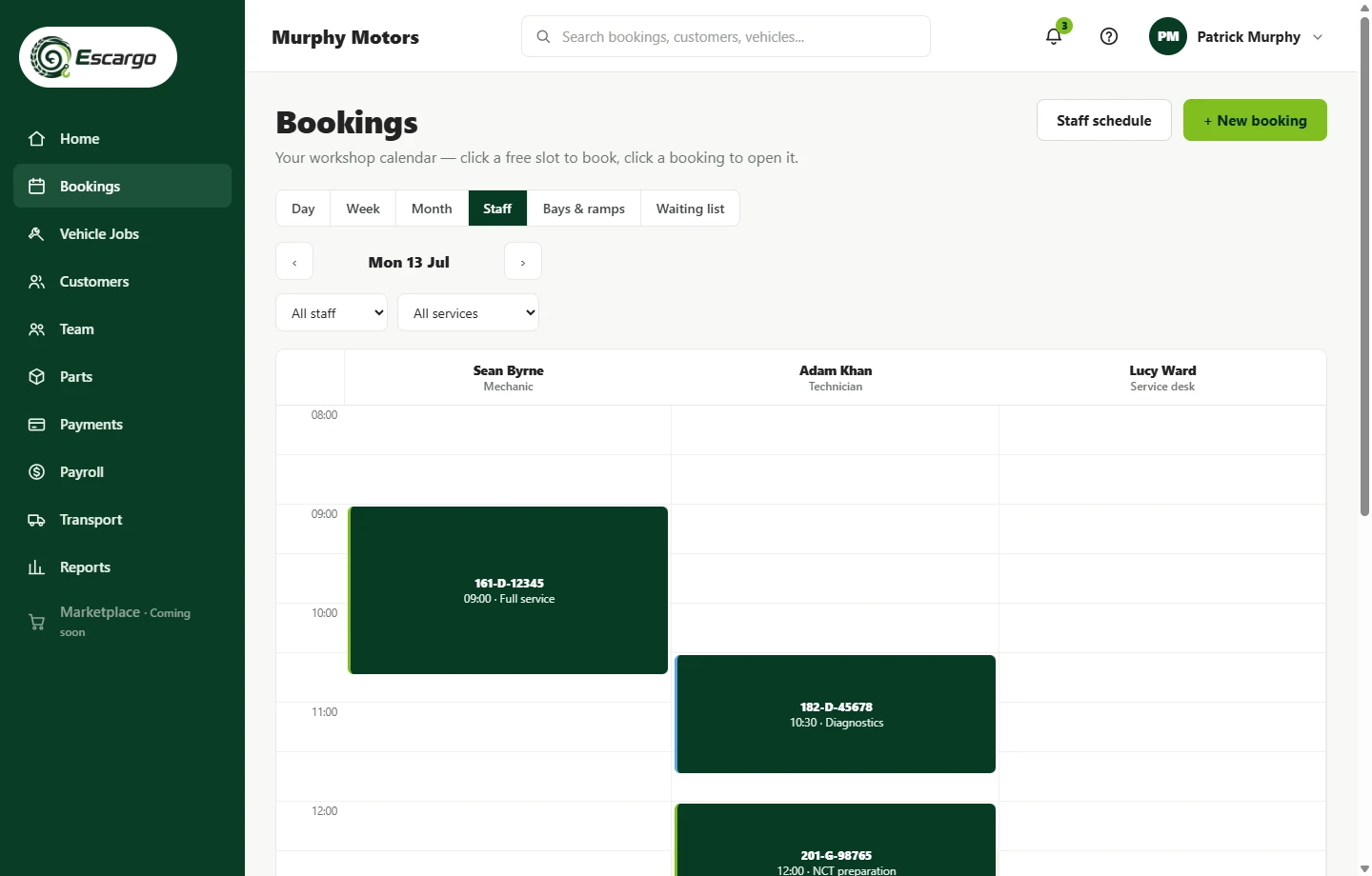 The Escargo bookings calendar with staff columns, workshop capacity and confirmed vehicle bookings.