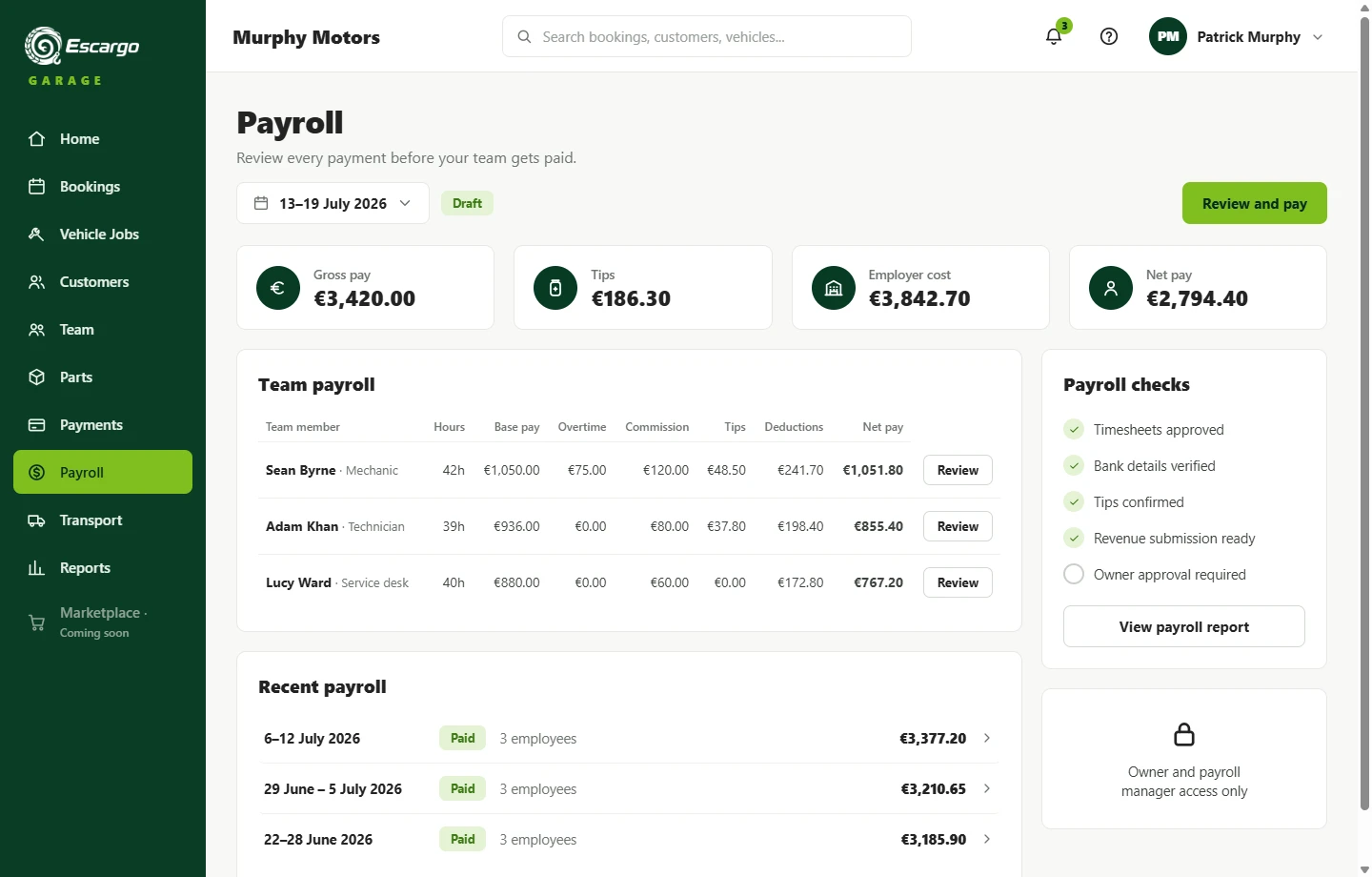 The Escargo payroll page showing hours, earnings, deductions and owner approval checks.