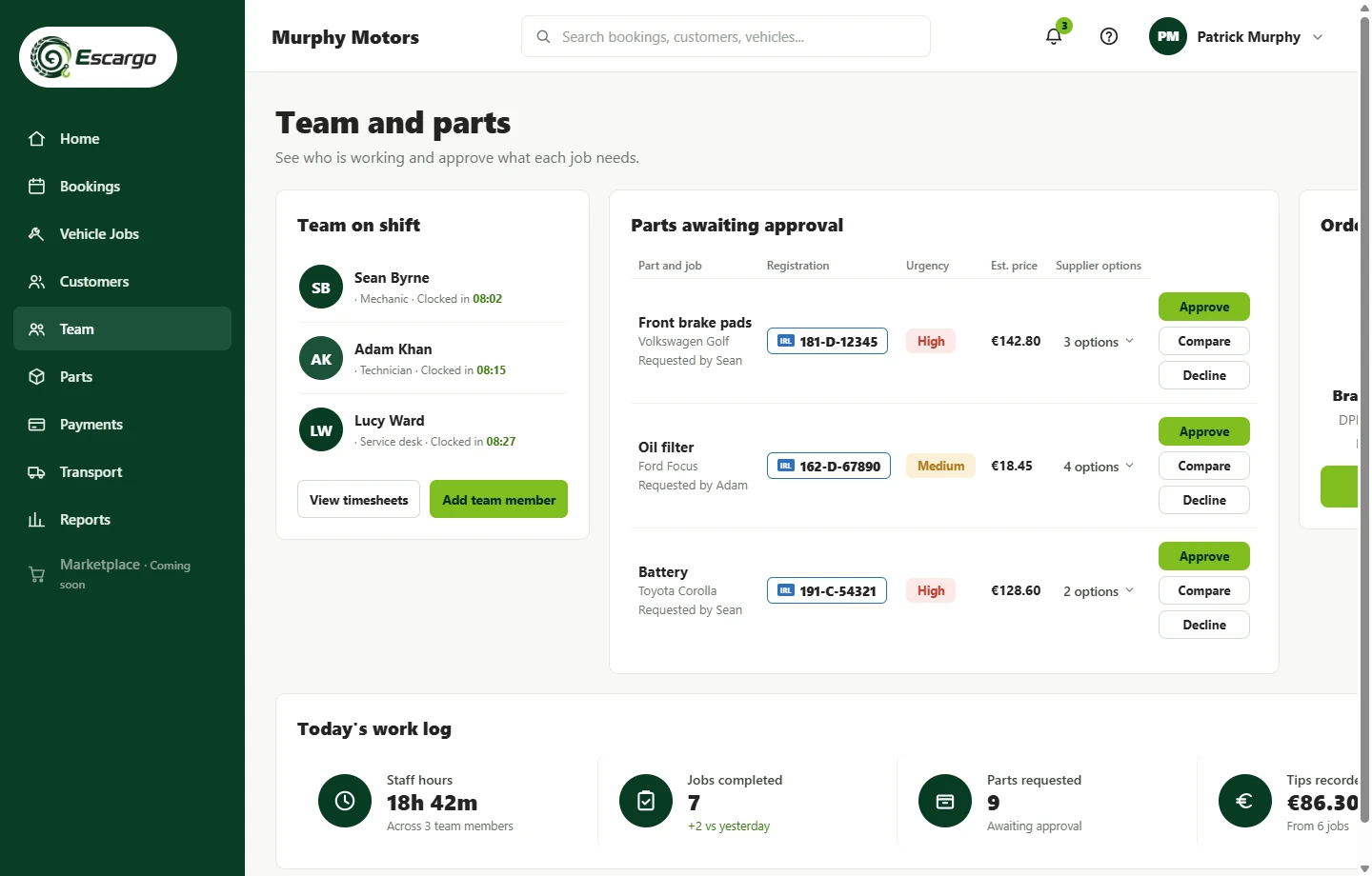 Escargo team and parts screen — who is clocked in, and parts awaiting approval with supplier options
