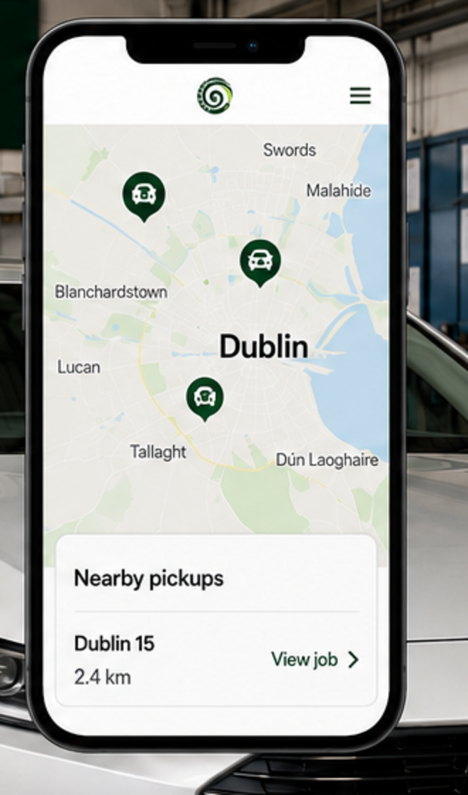 Escargo transport map showing nearby vehicle pickups around Dublin.