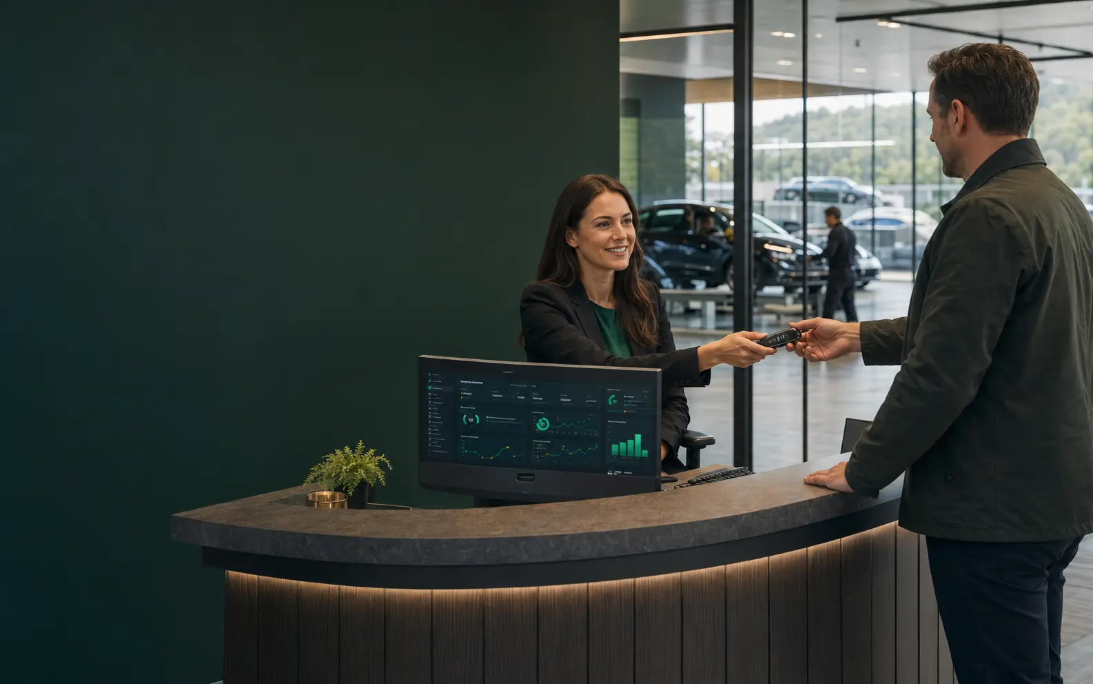 Service receptionist receiving a customer’s car key at a dealership desk.