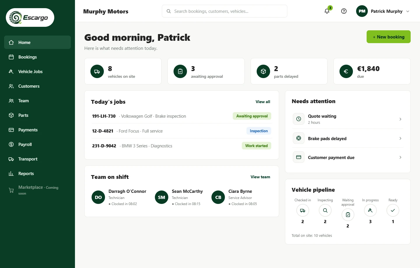 The Escargo dashboard showing bookings, jobs, approvals and payments for a sample garage